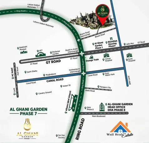 Al Ghani Garden Phase 7 location map — Bhaini Road East Lahore at 0 km Ring Road
