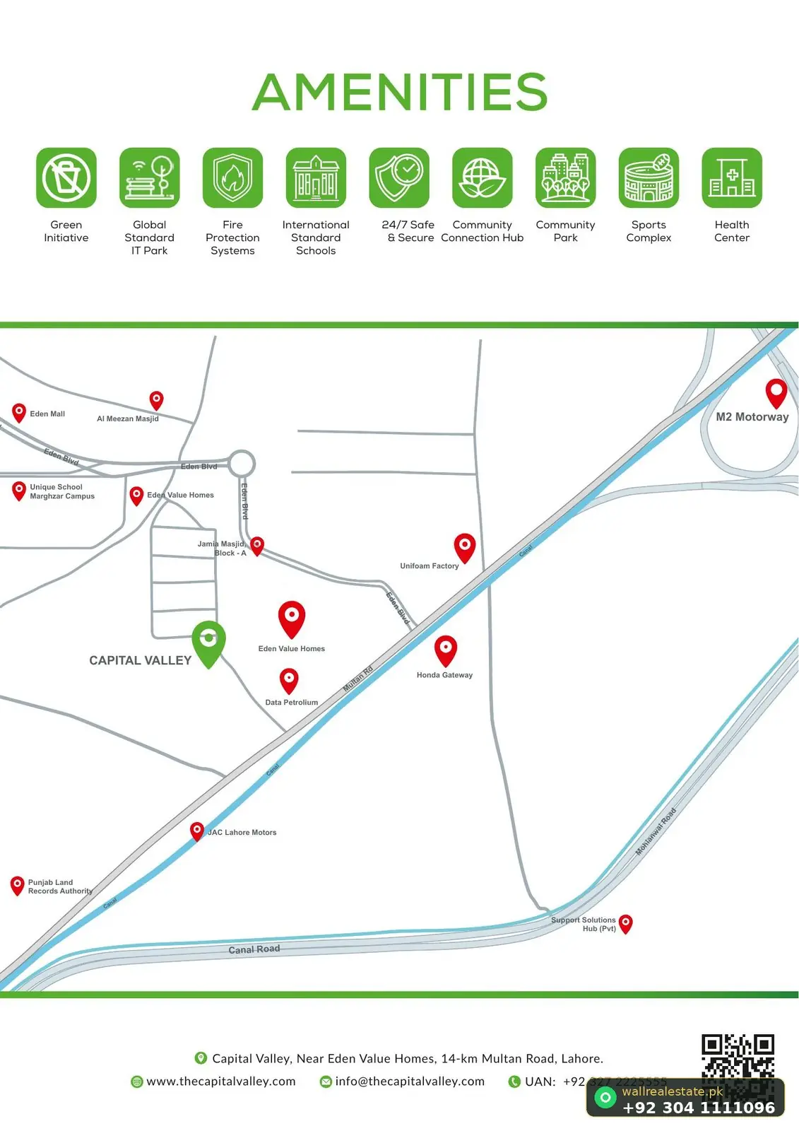 Capital Valley location map showing M-2 Motorway, Eden Value Homes, Data Sahib Petroleum, Honda Gateway, EME DHA Phase 12 and surrounding landmarks on Multan Road