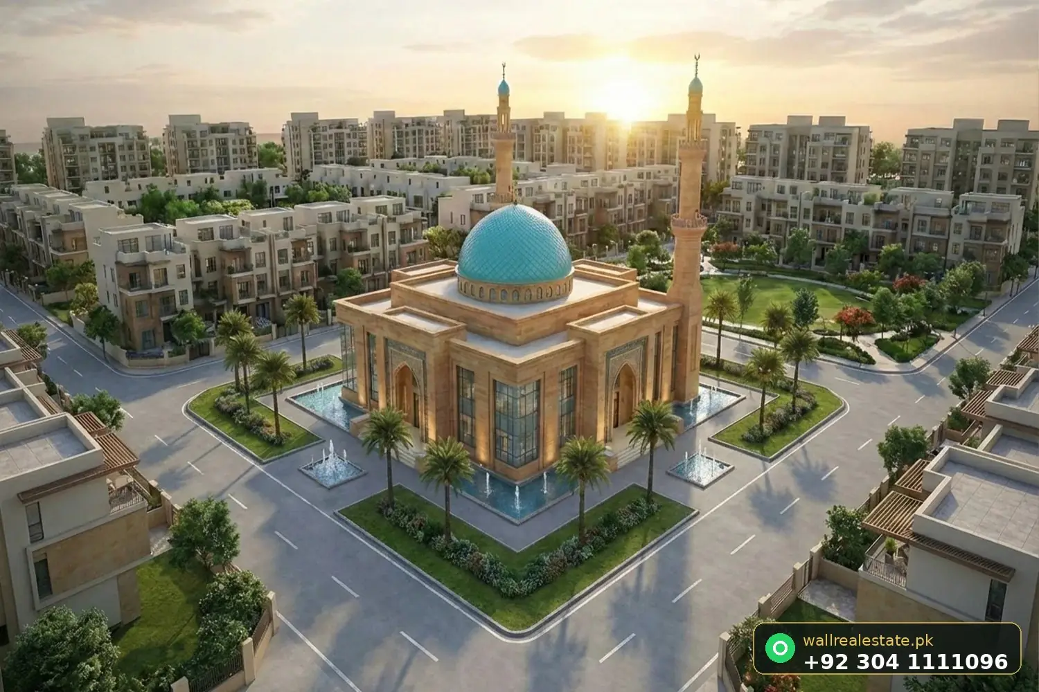 Capital Valley grand jamia mosque with turquoise dome at the heart of the residential blocks