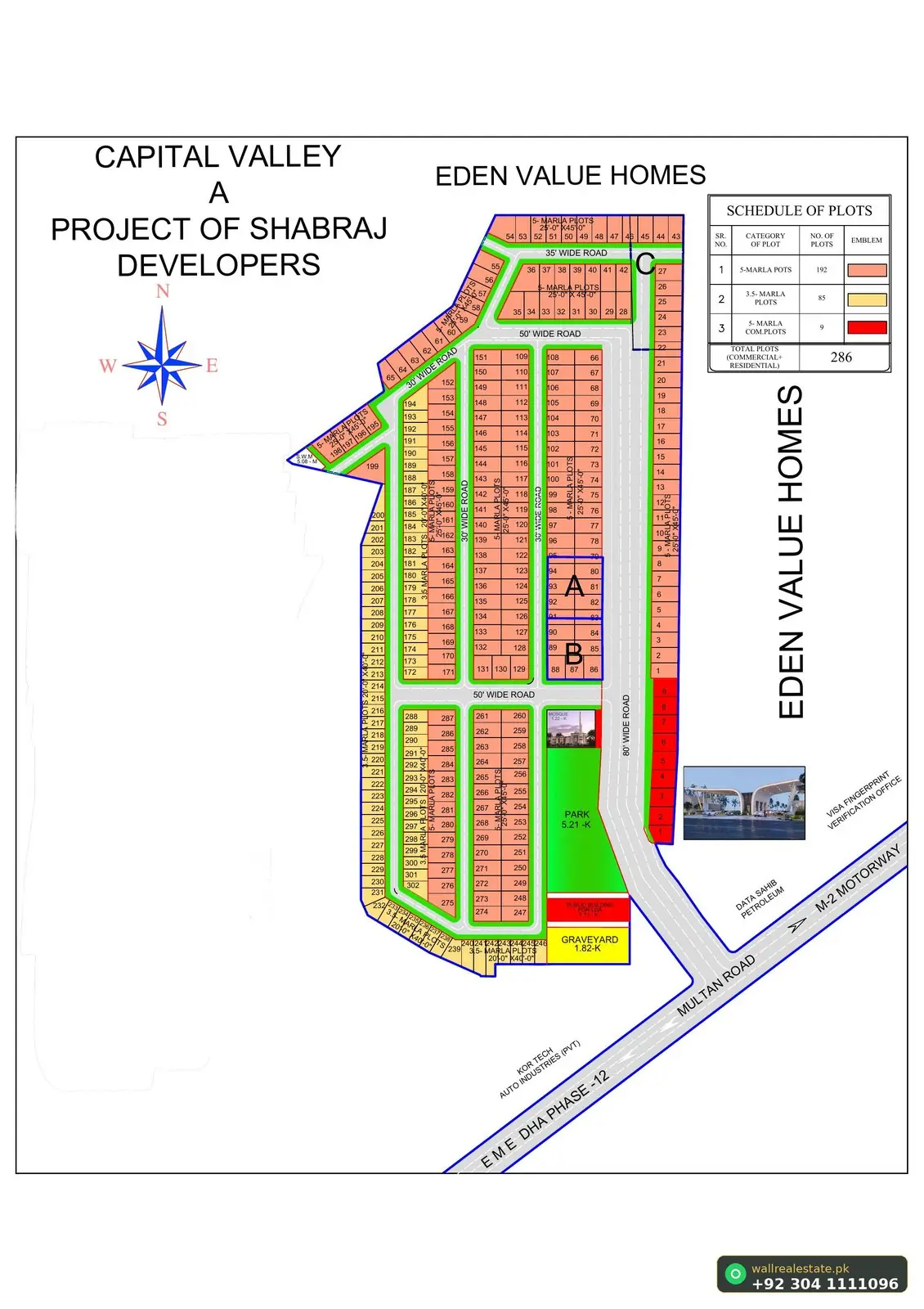 Capital Valley master site plan — 286 plots organised around central park, jamia mosque, graveyard and LDA public building