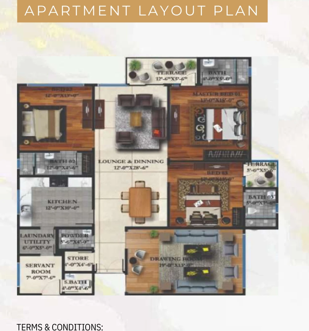 CDC Residencia 3-bed apartment layout plan — master bedroom, lounge, dining, kitchen and terraces