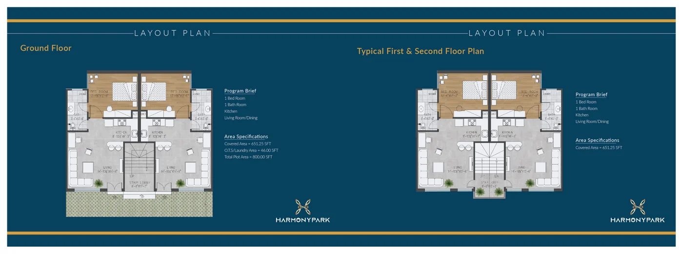 Harmony Park 3.5 Marla layout plan — ground floor and typical first/second floor