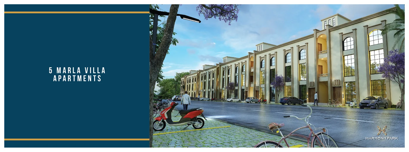 Harmony Park 5 Marla villa apartment building exterior — three-story facade with arched windows