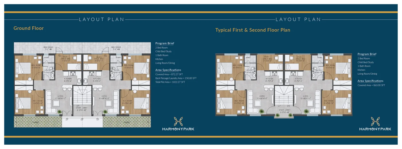 Harmony Park 5 Marla layout plan — ground floor and typical first/second floor