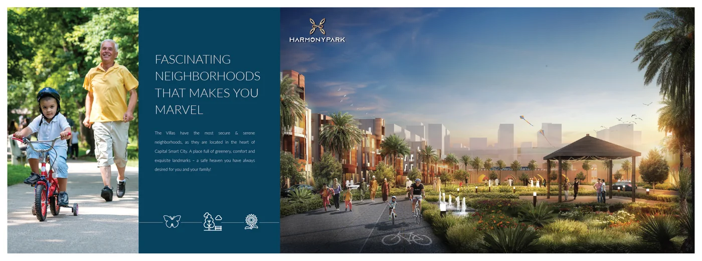 Harmony Park community rendering — pedestrian walkways, greenery, families and cyclists in landscaped block