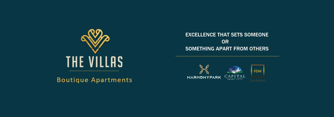 The Villas — Boutique Apartments — official Harmony Park brand banner — Excellence that sets someone or something apart from others (Harmony Park · Capital Smart City · FDH Development)