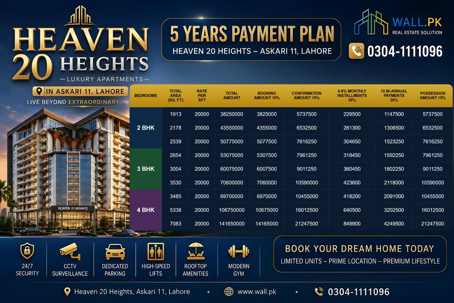 Heaven 20 Heights 5-year payment plan table — 2BHK, 3BHK and 4BHK unit prices, 10% booking, 15% confirmation, 0.6% monthly installments, 10 bi-annual payments and 15% possession amount