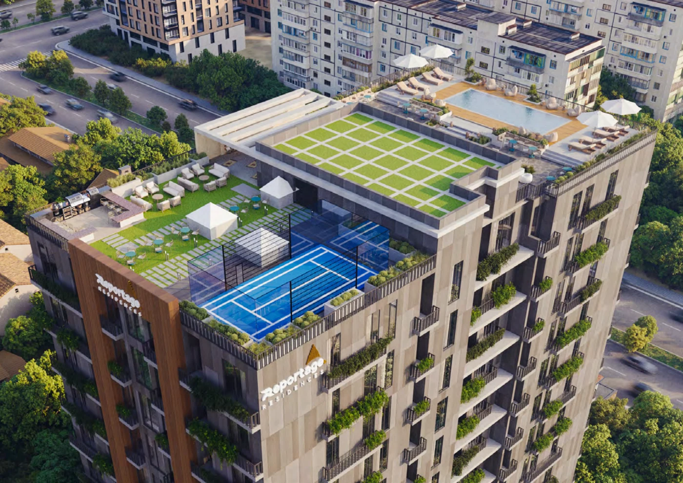 Reportage Residences aerial view showing rooftop amenity deck