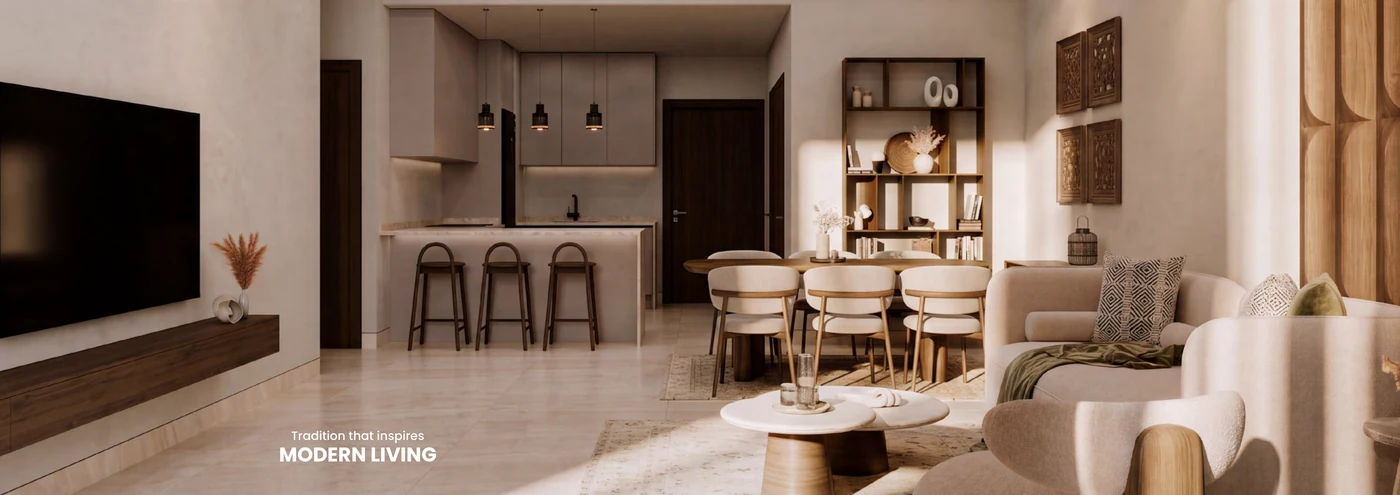 Reportage Residences kitchen dining and living render