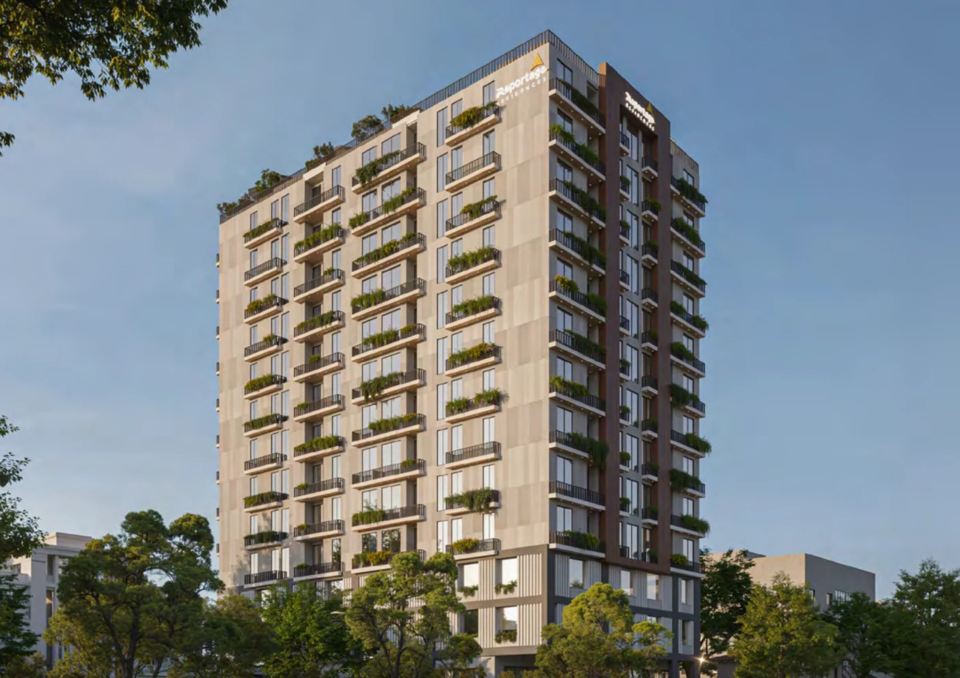 Reportage Residences tower exterior render, Gulberg III Lahore luxury apartment building