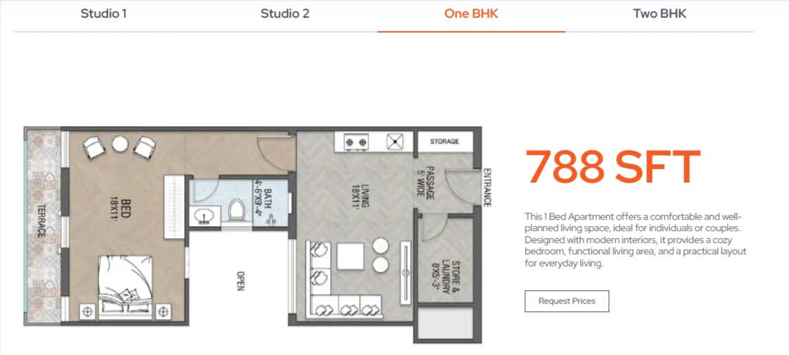 Valley Park Apartments 1 Bed floor plan, 788 sq ft