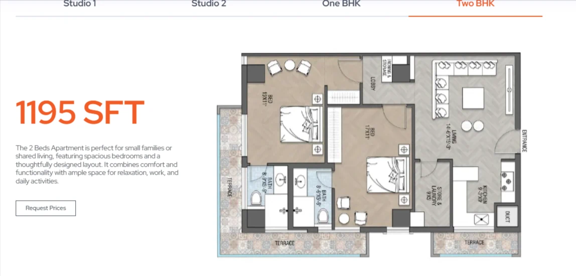 Valley Park Apartments 2 Bed floor plan, 1,195 sq ft