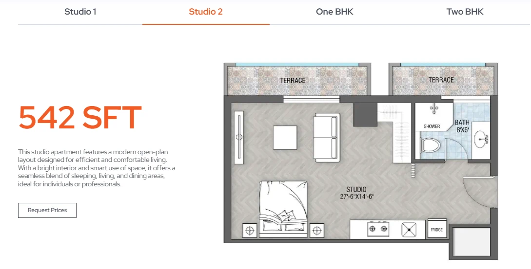 Valley Park Apartments Studio 2 floor plan, 542 sq ft