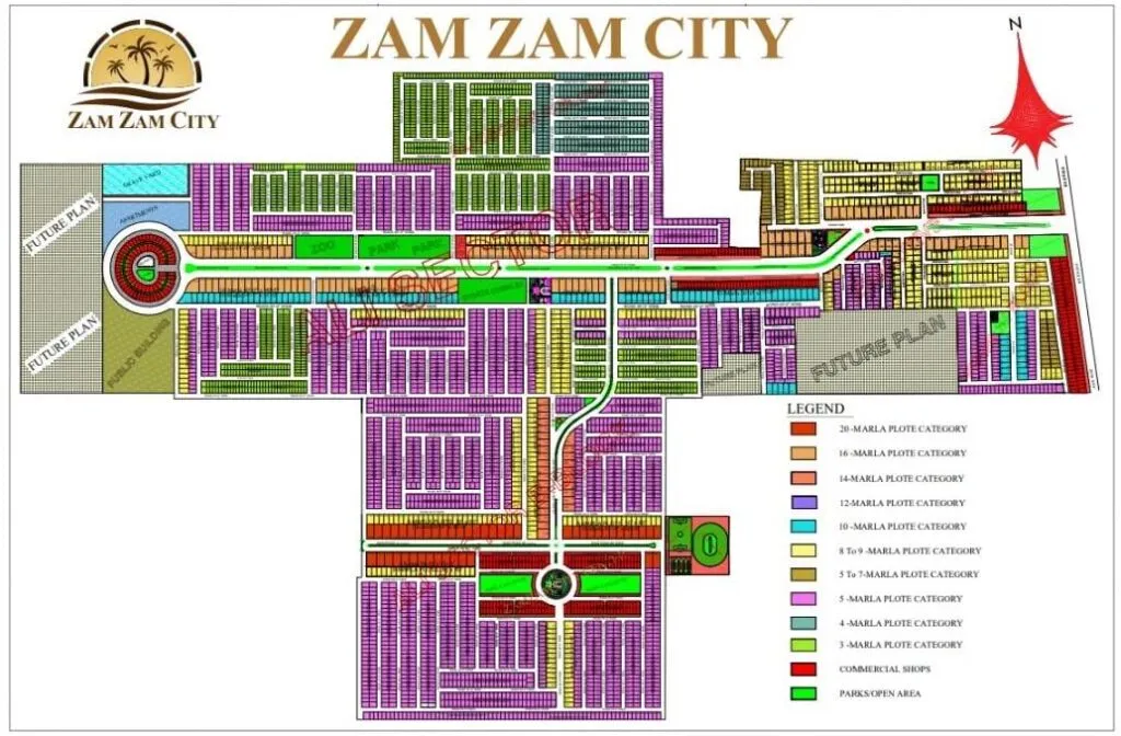 Zam Zam City Lahore master plan — Premium, Executive, Ali and Overseas Prime blocks with parks, mosques and commercial zones